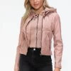 Faux Leather Zip Up Drawstring Hooded Jacket - Mauve