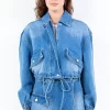 Full Size Drop Shoulder Cropped Denim Jacket with Waist Strap Plus Size - Blue