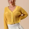 Frayed Tweed Knit Buttoned Front Cardigan - Mustard