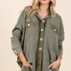 Mineral Washed Plaid Button Down Shacket - Olive