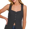 Linen Tie-back 4-button Vest with Lining - Black