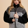 Plaid Zip Up Drop Shoulder Sherpa Jacket - Ivory/Black