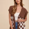 Checkered Button Down Short Sleeve Cardigan - Dark Brown