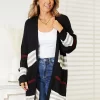 Striped Rib-Knit Drop Shoulder Open Front Cardigan - Black