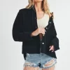 Side Slit Exposed Seam Button Up Corduroy Jacket - Black