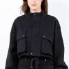 Full Size Drawstring Hem Cargo Pocket Cropped Worker Jacket Plus Size - Black
