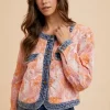 Floral Jacquard Denim Contrast Button Down Jacket - Coral Combo
