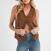 Heart Rivet Detail Suede Vest Coat - Brown