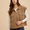 Puzzle Quilted Snap Down Vest Coat - Caramel