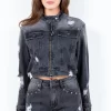 Full Size Distressed Star Stud Trim Denim Rider Jacket Plus Size - Black