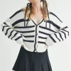 Striped V-Neck Button Down Cardigan - White/Navy