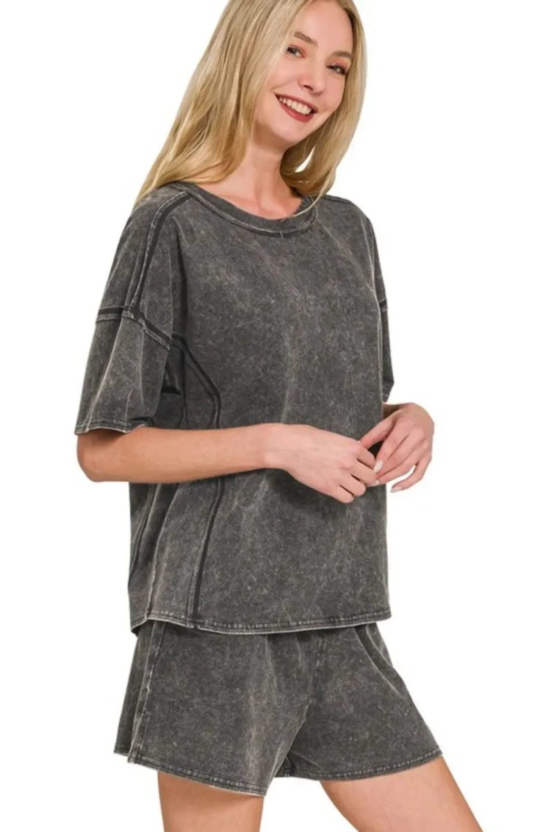 Acid Washed Short Sleeve Tee & Shorts Set - Ash Black