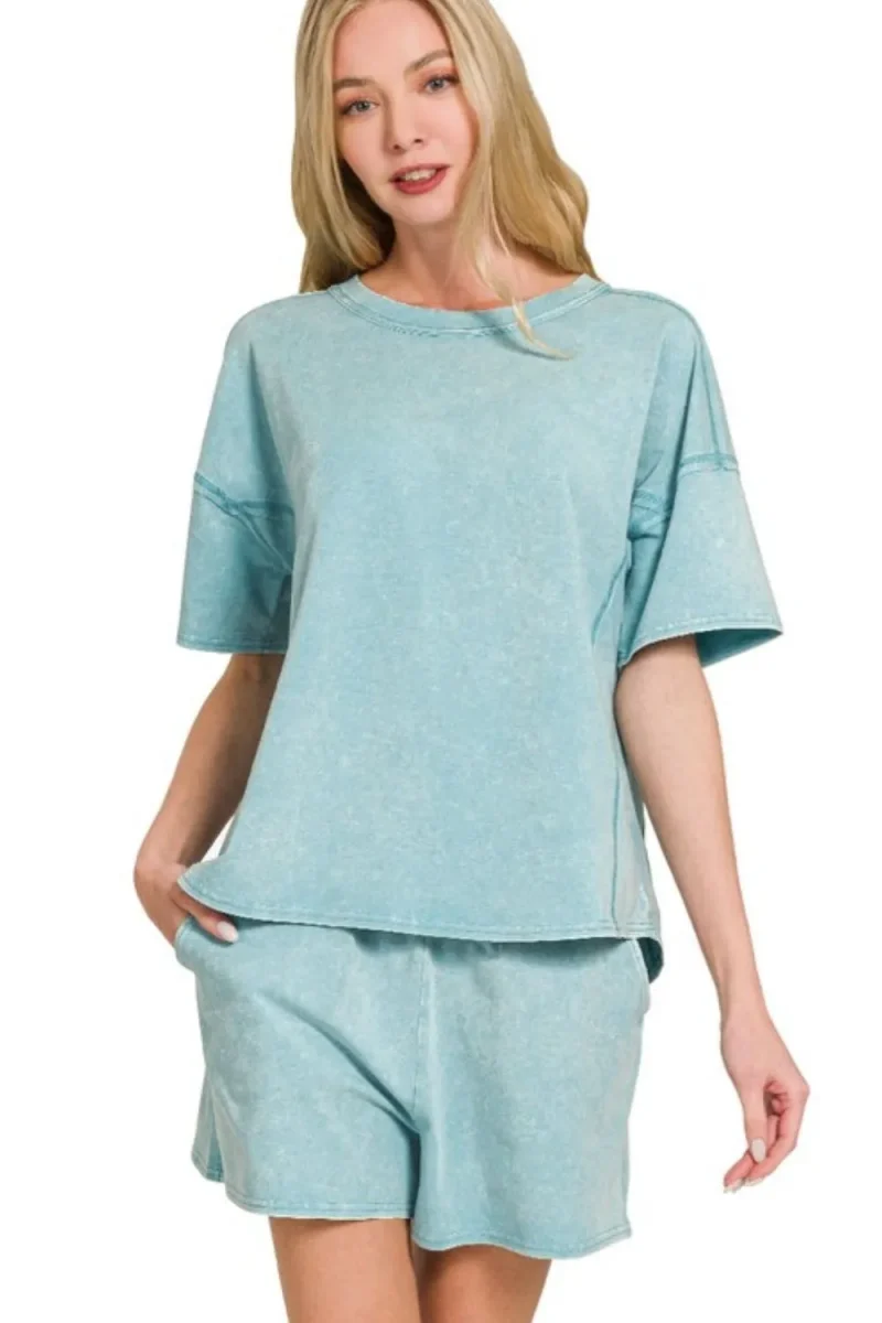 Acid Washed Short Sleeve Tee & Shorts Set - Dusty Teal