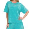Acid Washed Short Sleeve Tee & Shorts Set - Lt Teal
