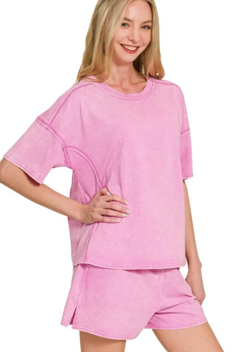 Acid Washed Short Sleeve Tee & Shorts Set - Mauve