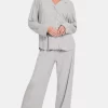 Button Down Long Sleeve Top and Pants Lounge Set - Light Gray