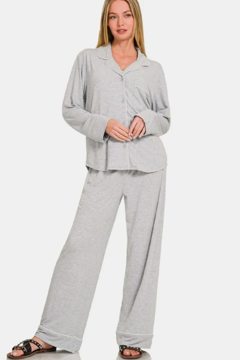 Button Down Long Sleeve Top and Pants Lounge Set - Light Gray