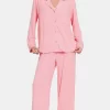 Button Down Long Sleeve Top and Pants Lounge Set - Pink