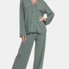 Button Down Long Sleeve Top and Pants Lounge Set - Sage