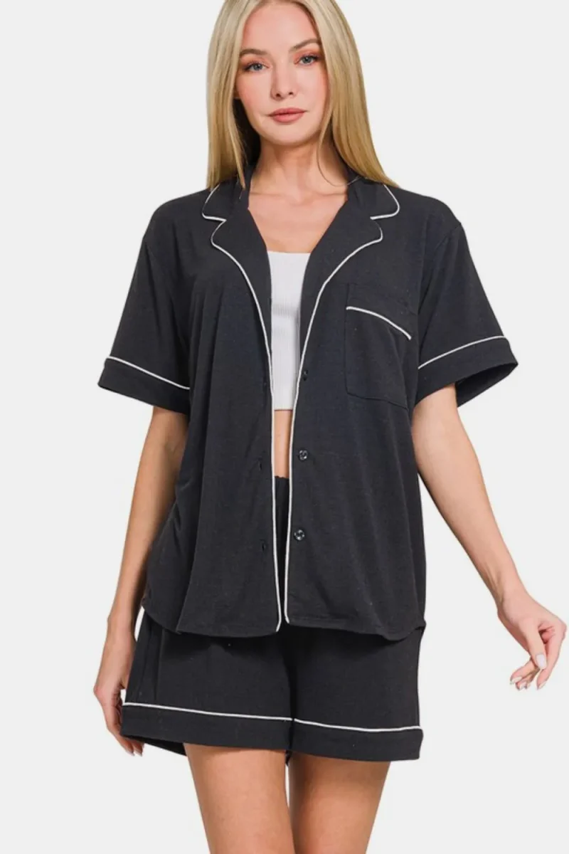 Button Down Short Sleeve Top and Shorts Lounge Set - Black