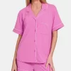 Button Down Short Sleeve Top and Shorts Lounge Set - Bright Mauve