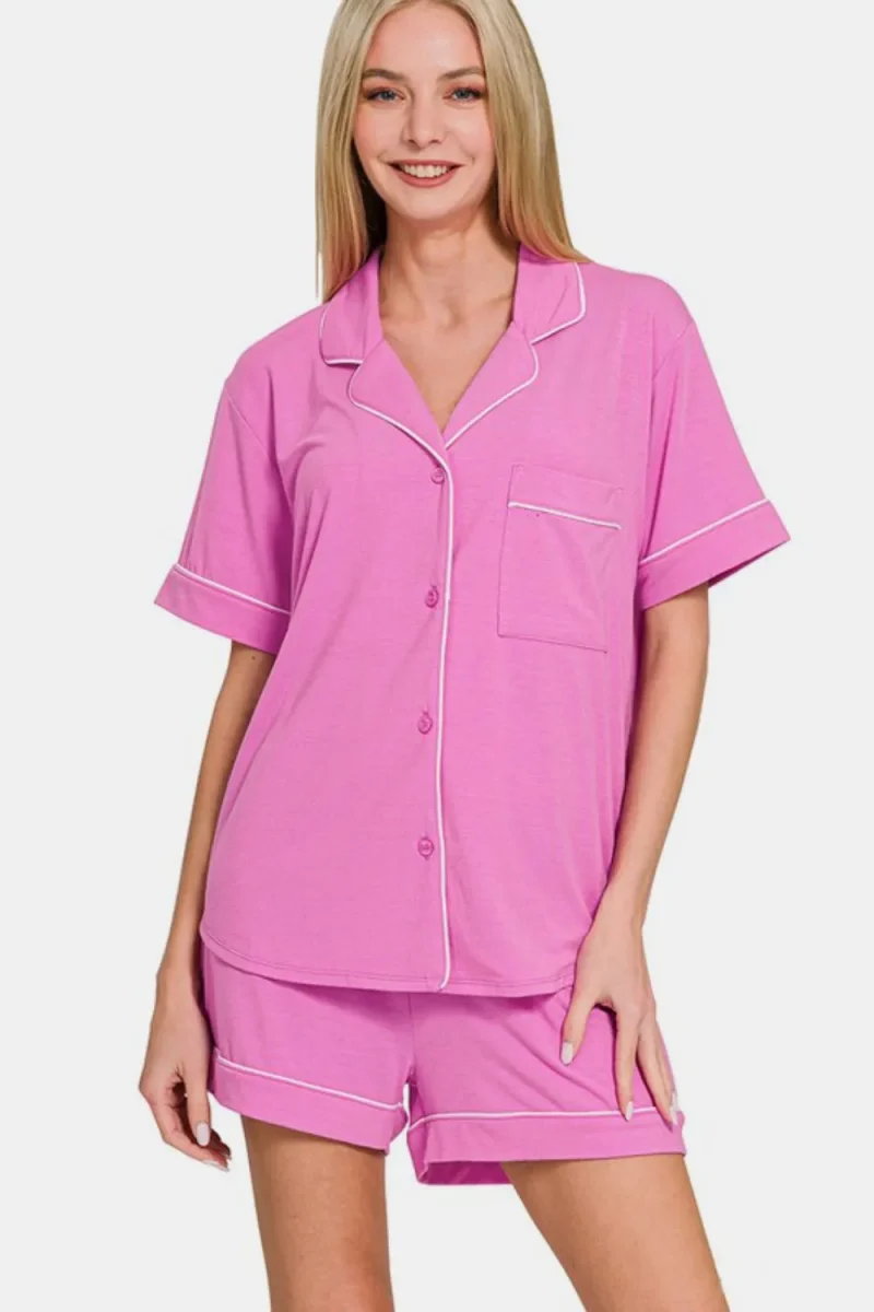 Button Down Short Sleeve Top and Shorts Lounge Set - Bright Mauve