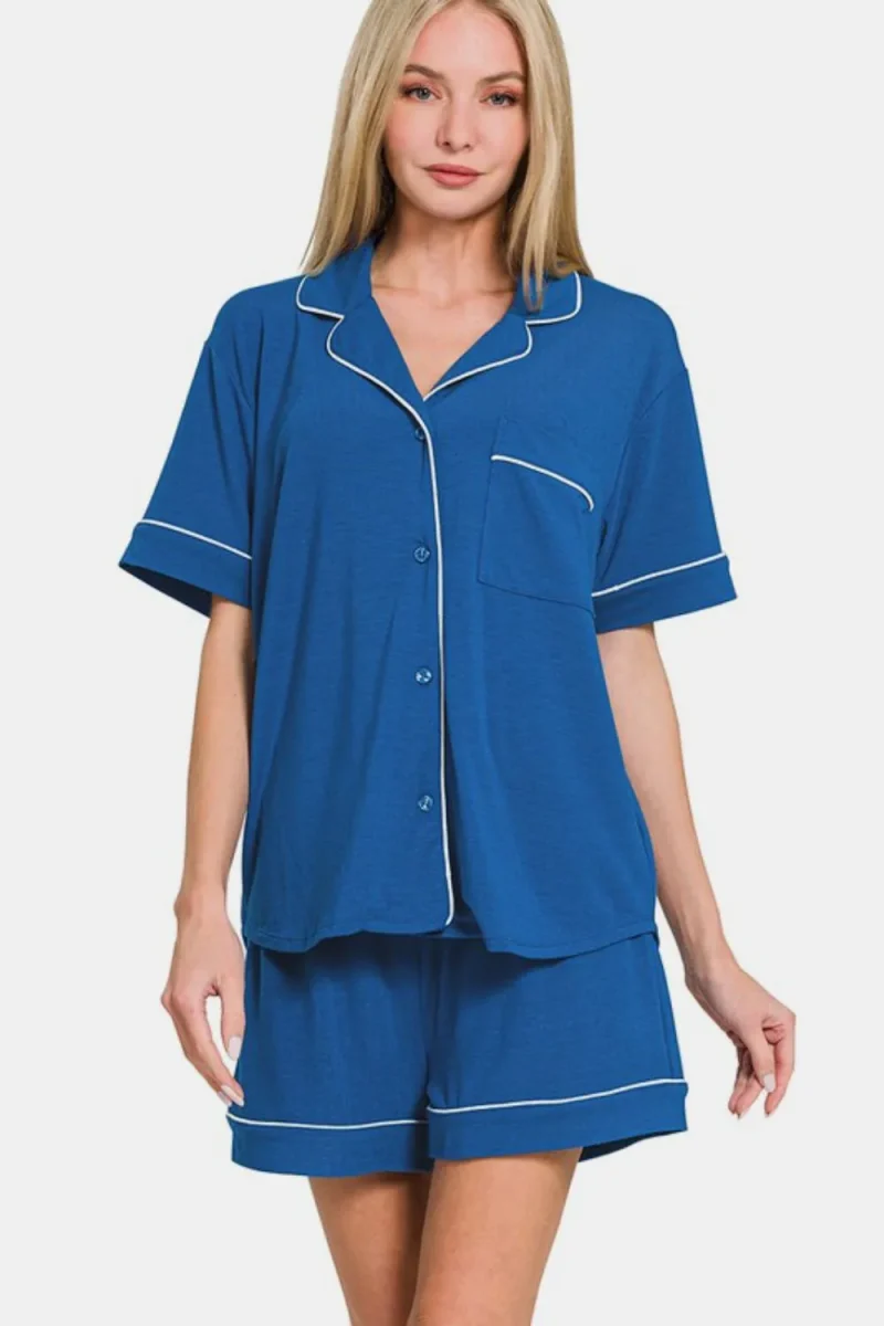 Button Down Short Sleeve Top and Shorts Lounge Set - Classic Blue