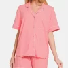 Button Down Short Sleeve Top and Shorts Lounge Set - Dk Pink