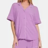 Button Down Short Sleeve Top and Shorts Lounge Set - Heliotrope Purple