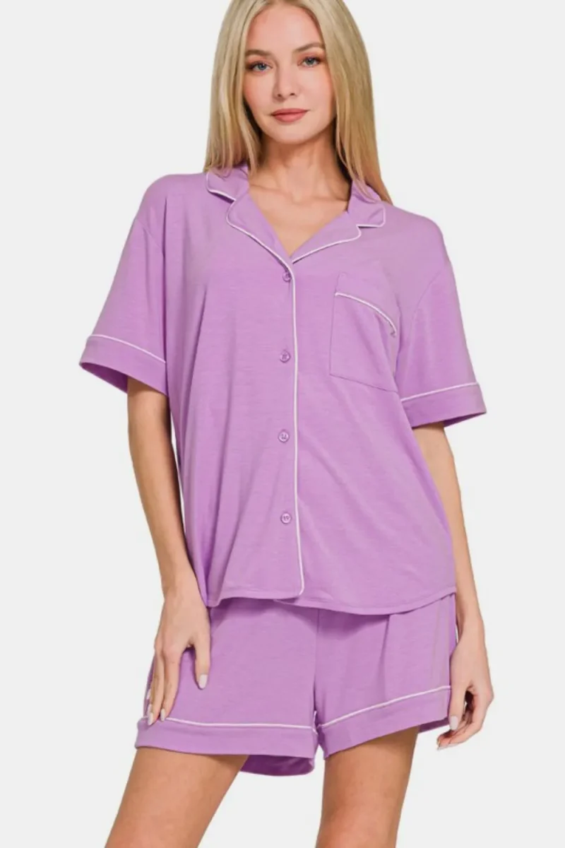 Button Down Short Sleeve Top and Shorts Lounge Set - Heliotrope Purple