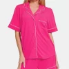 Button Down Short Sleeve Top and Shorts Lounge Set - Hot Pink