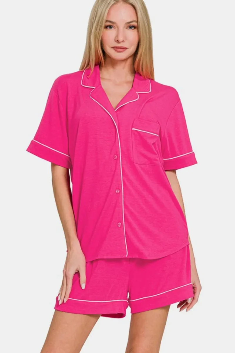 Button Down Short Sleeve Top and Shorts Lounge Set - Hot Pink