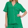 Button Down Short Sleeve Top and Shorts Lounge Set - K Green