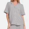 Button Down Short Sleeve Top and Shorts Lounge Set - Light Gray