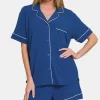 Button Down Short Sleeve Top and Shorts Lounge Set - Navy