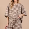 Ces Femme Checkered Round Neck Top and Shorts Set - Camel