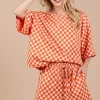 Ces Femme Checkered Round Neck Top and Shorts Set - Orange