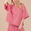 Ces Femme Checkered Round Neck Top and Shorts Set - Red