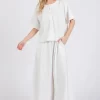Ces Femme Half Button Half Sleeve Top and Pants Set - White