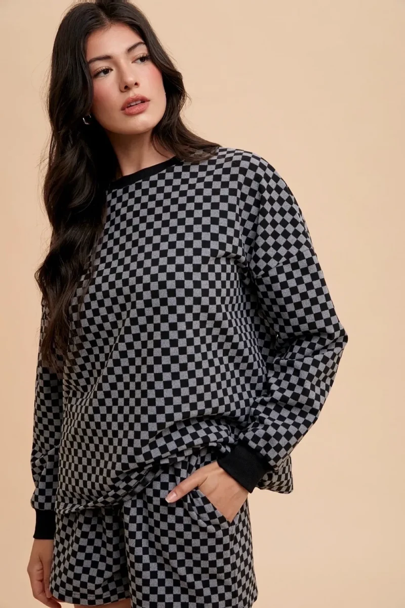 Checkered Round Neck Top and Drawstring Shorts Set - Black