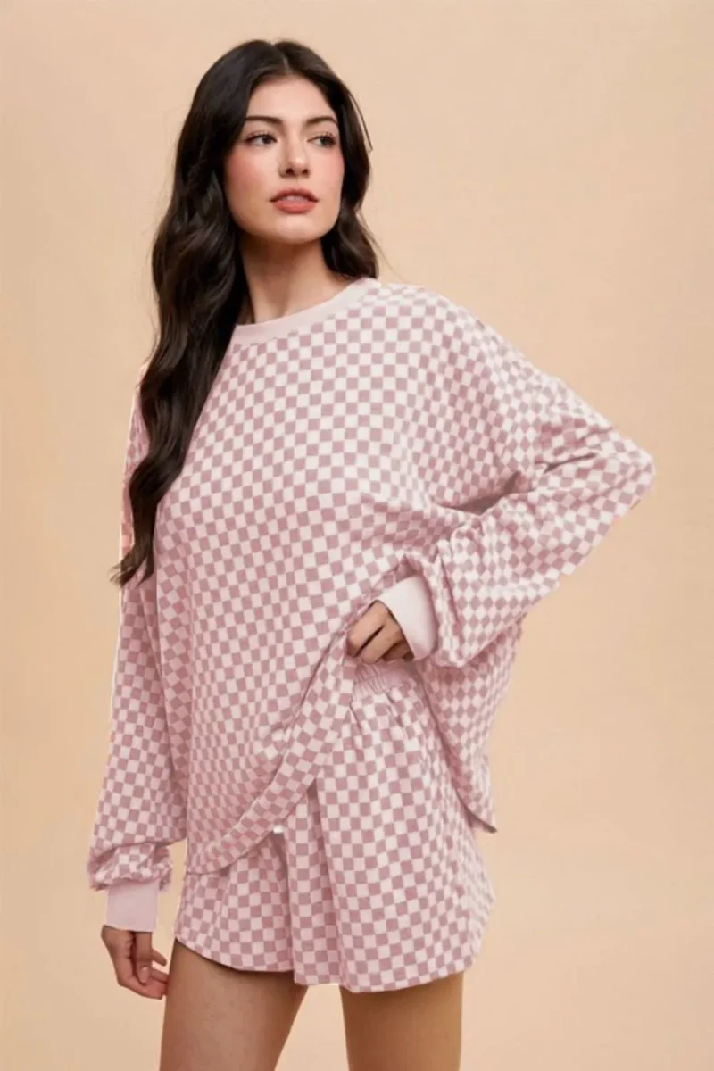 Checkered Round Neck Top and Drawstring Shorts Set - Blush Pink
