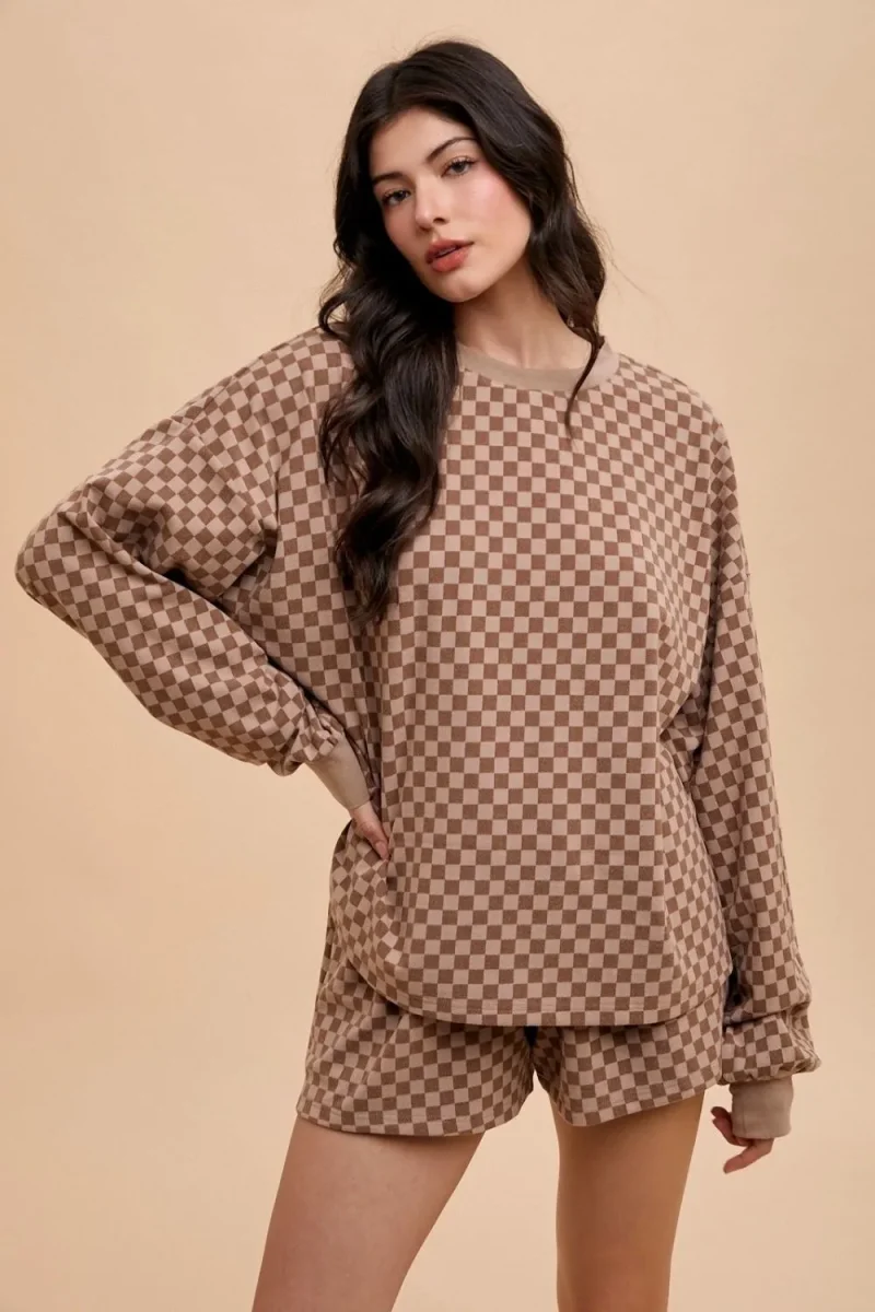 Checkered Round Neck Top and Drawstring Shorts Set - Mocha