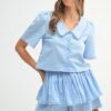 Collared Button Down Crop Top and Skort Set - Lt Blue