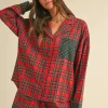 Contrast Plaid Long Sleeve Top and Shorts Set - Red