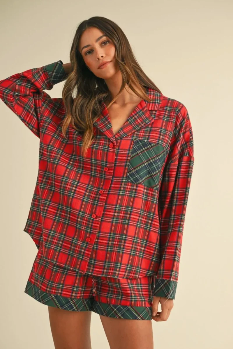 Contrast Plaid Long Sleeve Top and Shorts Set - Red