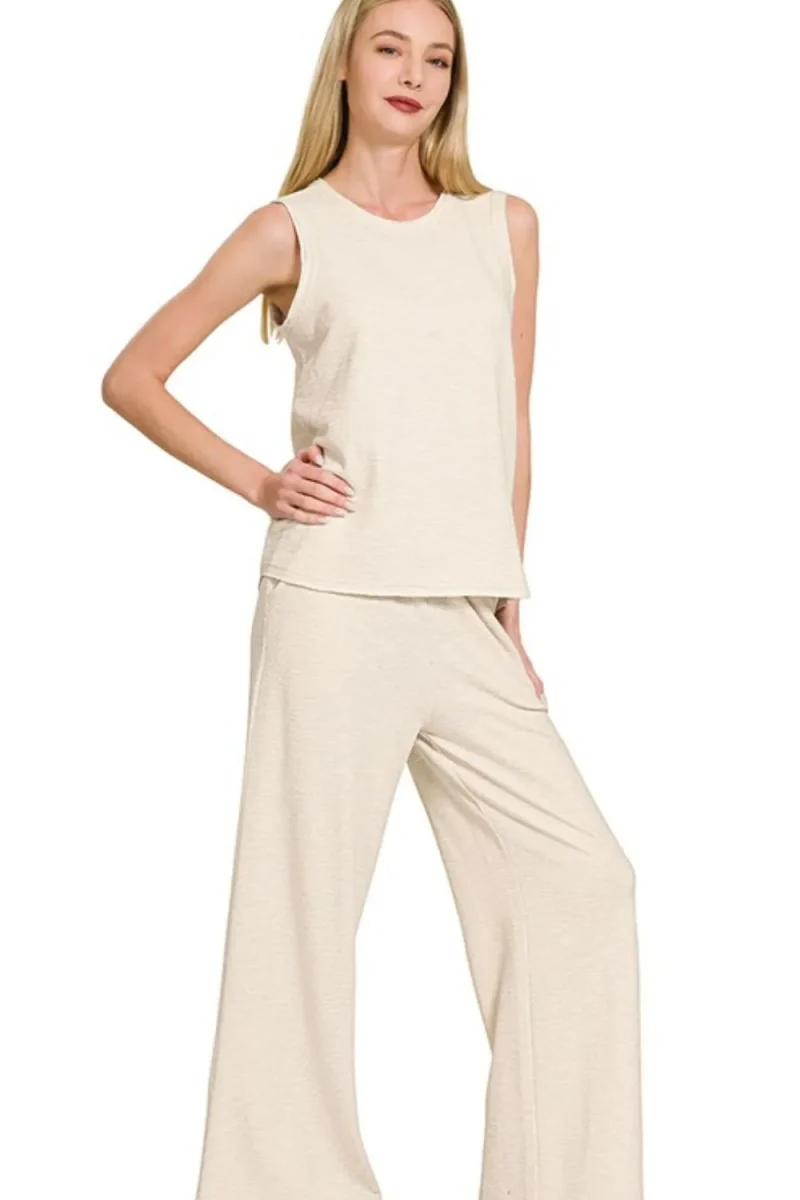 Cotton Slub Tank & Pants Set - Sand Beige