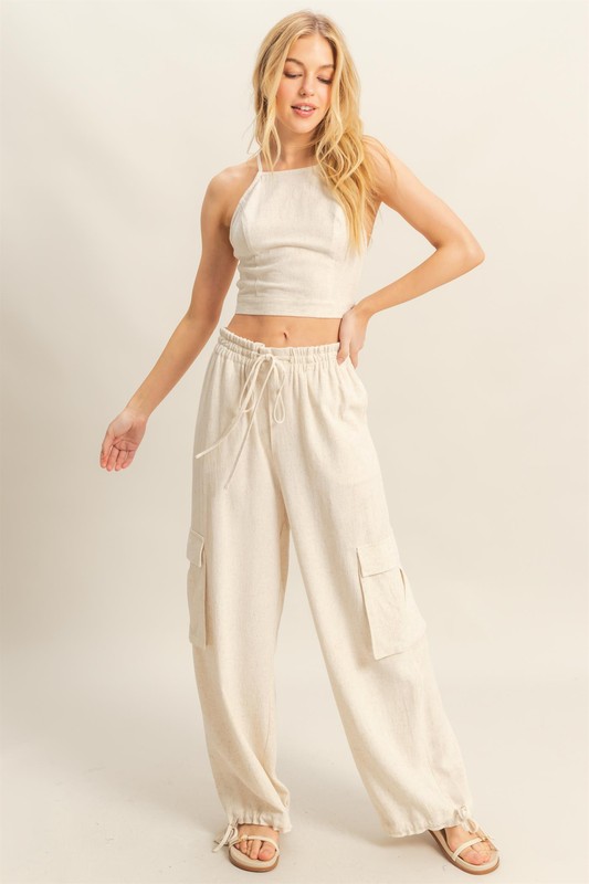 Crop-Top-and-Cargo-Pants-Set-Oatmeal Crop Top and Cargo Pants Set - Oatmeal