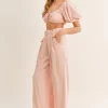 Cut Out Drawstring Crop Top and Belted Pants Set - Dusty Pink