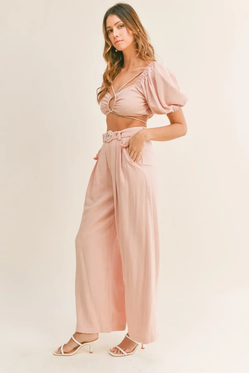 Cut Out Drawstring Crop Top and Belted Pants Set - Dusty Pink