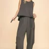 Drawstring Hem Round Neck Tank and Pants Set - Charcoal